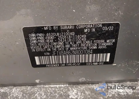 2022 Subaru Wrx z USA, uszkodzony, nr VIN JF1VBAB62N8007084